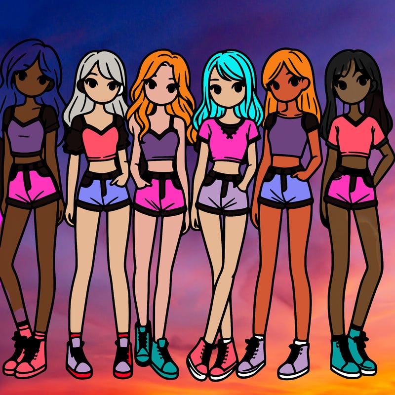a group of girls wearing crop tops and shorts