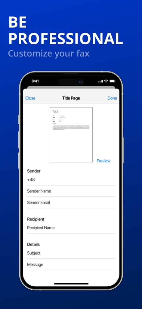 iPhone screen showing a professional fax title page editor with sender and recipient fields