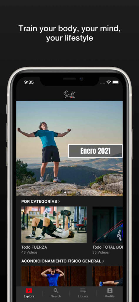 KY-FIT.LIVE - Pantalla de inicio de la aplicación KY-FIT.LIVE mostrando categorías de entrenamiento para fuerza y acondicionamiento físico general