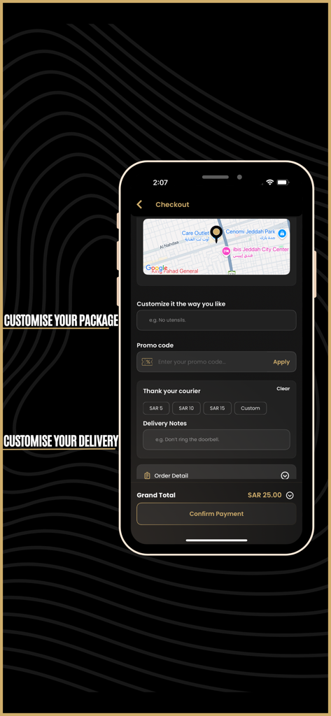 Lugmety app checkout interface with delivery customization and courier tipping options