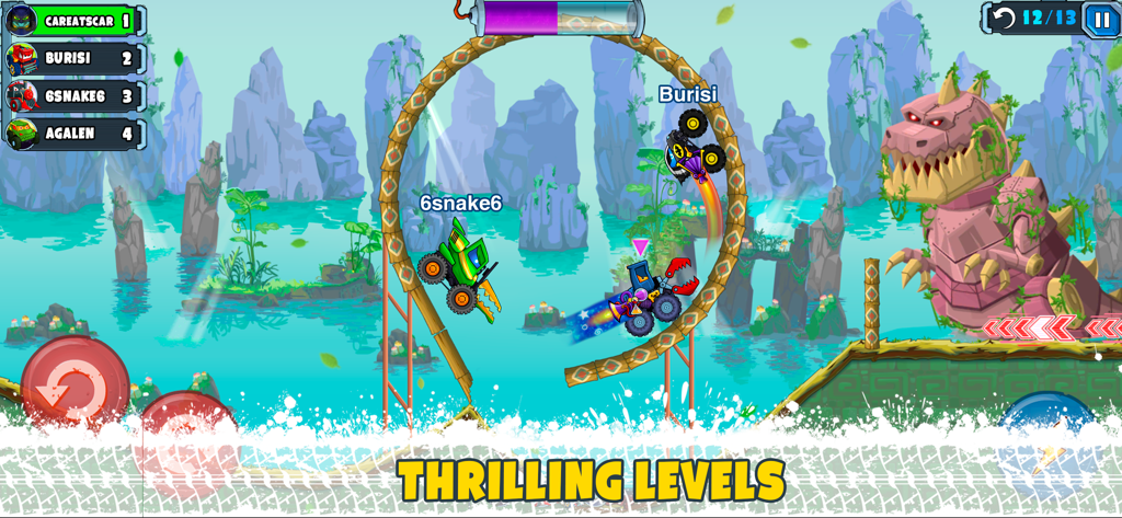 Car Eats Car Multiplayer Race - Monster truck racing gameplay showing stunts on a loop track with a giant robot dinosaur background