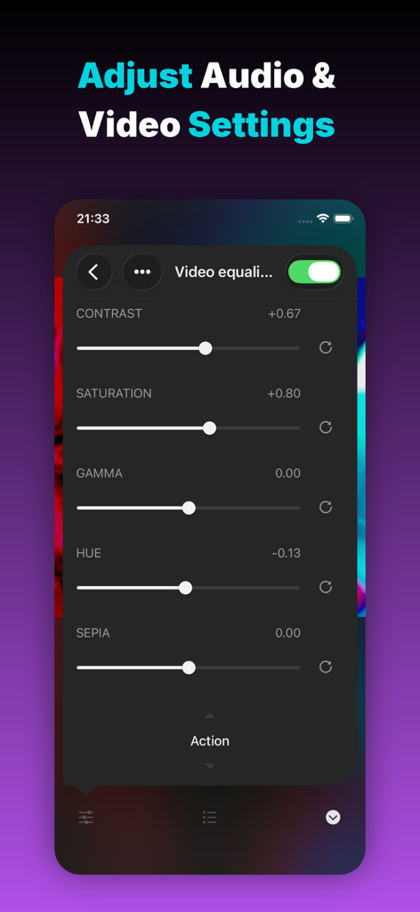 Evervideo: Play Any Video File - Evervideo app interface showing advanced video equalizer settings for contrast saturation gamma and hue