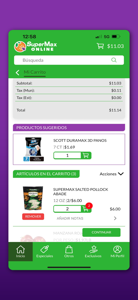 SuperMax Online - Interface of the SuperMax Online app showing the shopping cart summary with total price and suggested products.