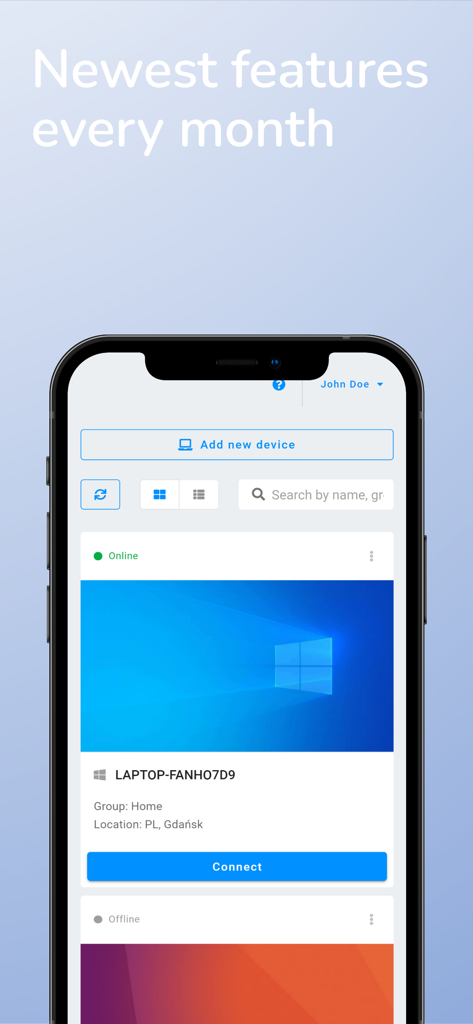 RemSupp - Remote Desktop - Interfaz de la app móvil RemSupp mostrando una lista de dispositivos remotos con un portátil Windows en línea listo para conectar en un iPhone.