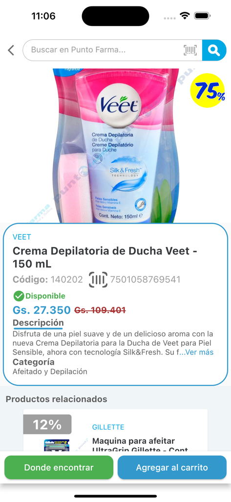 Pantalla de producto de la aplicación móvil PuntoFarma para la crema depilatoria Veet con un 75 por ciento de descuento