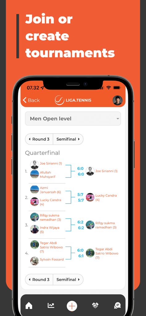 Mobile app screen showing a tennis tournament bracket with player names and match scores
