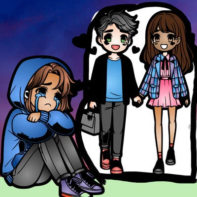 a teenage girl in a hoodie crying on the floor watching a handsome boy and preppy girl walking away holding hands + smiling