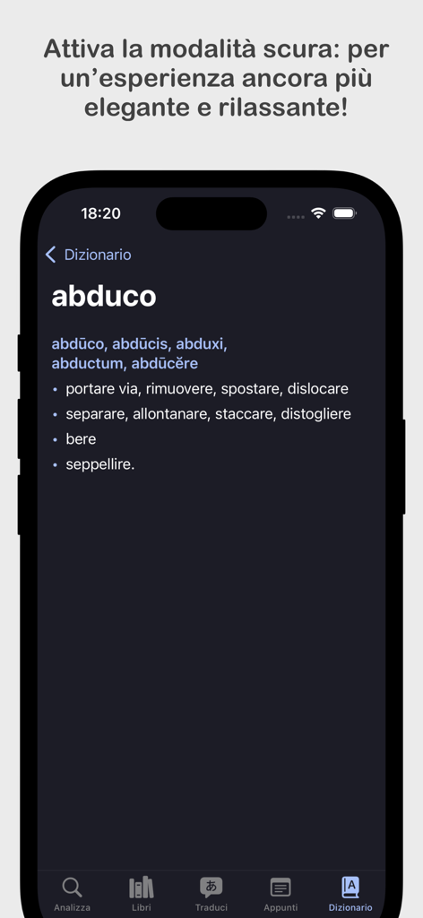 Latinorum - Latinorum app interface showing a Latin to Italian dictionary entry in dark mode