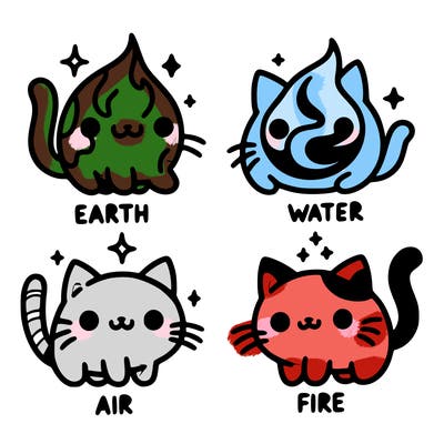 4 cats that represent the different elements, earth, water, air, and fire