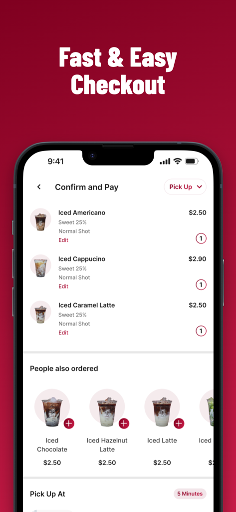 YOK Cafe - Order confirmation screen in the YOK Cafe app showing a list of iced coffee drinks and a fast pickup time