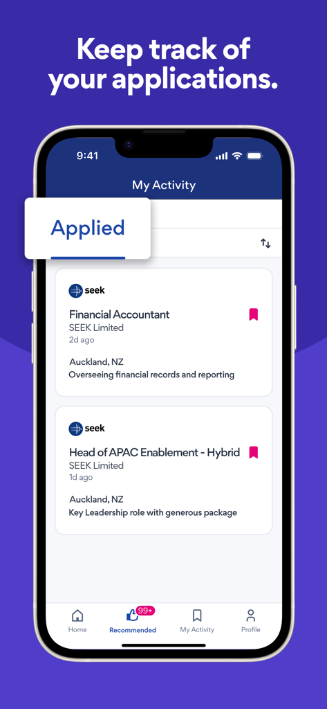 Screenshot of the SEEK app My Activity screen showing a list of recently applied jobs