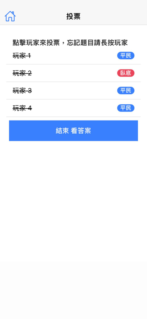Mobile game screen showing player voting results with one undercover and three civilians identified