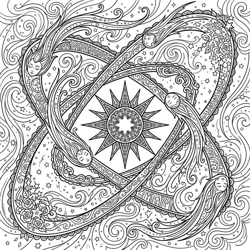 Embark on a cosmic journey with this exquisite Gothic Comet Orbits coloring page, featuring celestial bodies gracefully intertwining around a radiant star. Unleash your artistic flair and bring this dark, elegant celestial scene to life with your chosen colors.