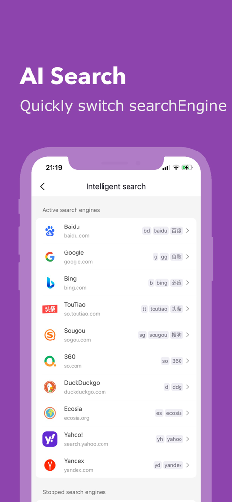 Addons - Scripts & Adblock - A mobile interface of the Addons app showing the AI Search feature with a list of active search engines like Google and Bing