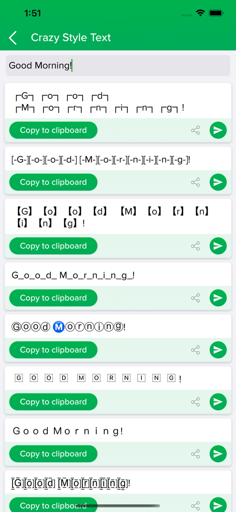 Complement For WhatsApp Chats - Interface showing multiple decorative font styles for text messaging and social media bios.
