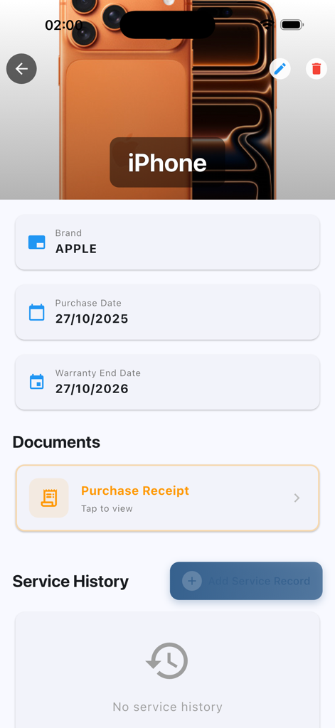 iPhone warranty information screen with purchase and expiry dates
