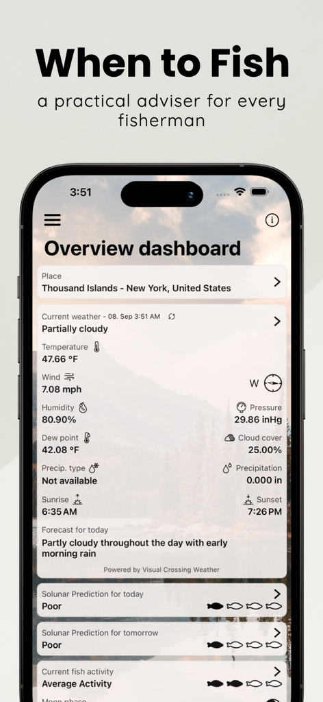 When to Fish - Fishing App - When to Fish app overview dashboard displaying detailed weather and fishing activity forecasts for Thousand Islands New York.