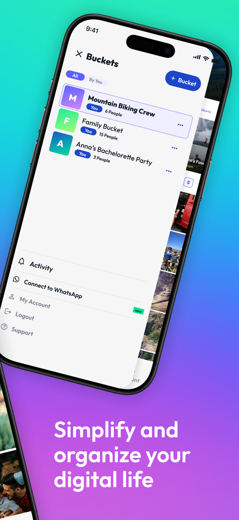 Photobucket: Private sharing - Aplicación móvil Photobucket que muestra cubos de fotos privados compartidos para grupos de familiares y amigos