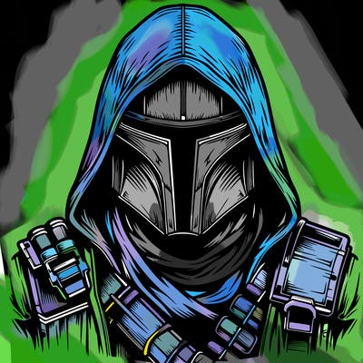 realistic warrior bounty hunter with mask and hood on