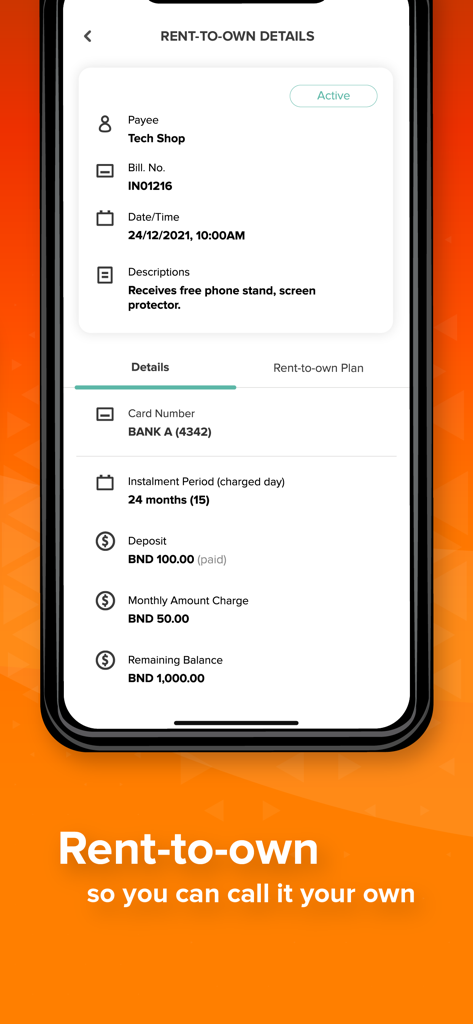 Mobile screen showing a rent to own installment plan with payment details for a tech shop purchase in the Pocket app