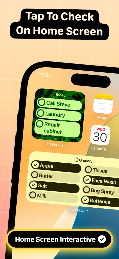 Interactive to do list widgets on an iPhone home screen showing tasks and grocery items
