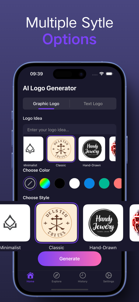 AI Logo Maker, Logo Generator - AI Logo Generator interface showing options to select logo styles and colors