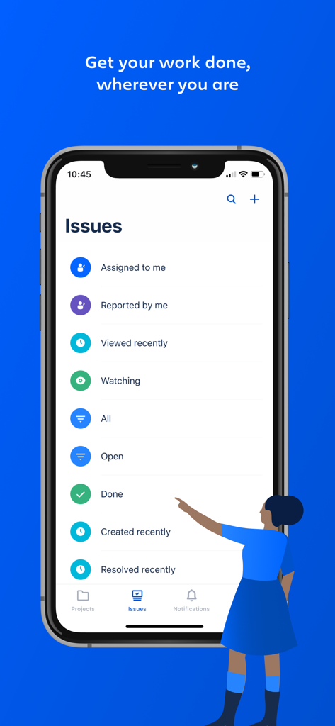 Una interfaz móvil para Jira Data Center que muestra la pantalla de la lista de incidencias con filtros como asignadas a mí y reportadas por mí.