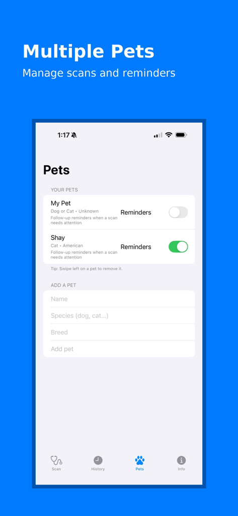 PawScan AI - モバイルアプリの画面。ペットのプロフィールリスト、健康スキャンのリマインダー、ペット追加フォームを表示。