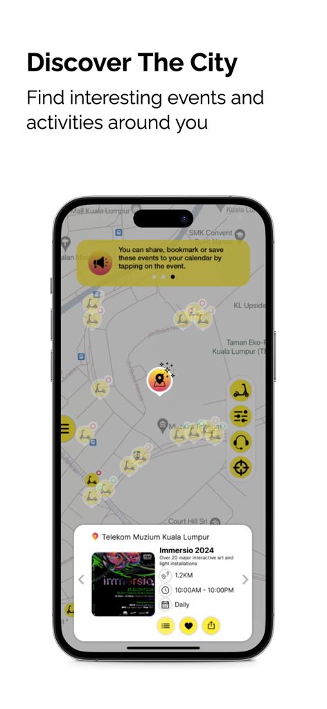 Tryke Mobile App-Oberfläche, die eine Stadtkarte mit E-Scooter-Standorten und lokalen interaktiven Veranstaltungen zur Stadterkundung anzeigt