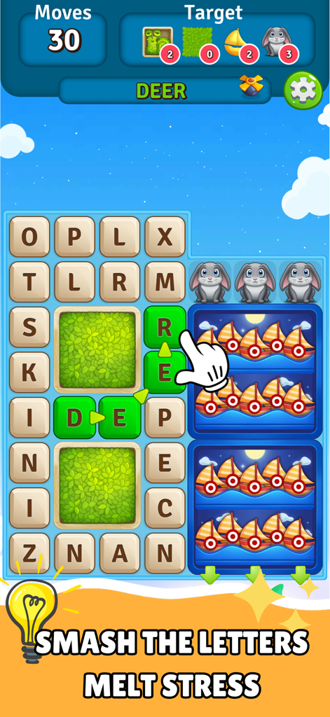Alphabet Scape: Find Words! - A hand connects letters on a grid to form the word DEER in the Alphabet Scape mobile game