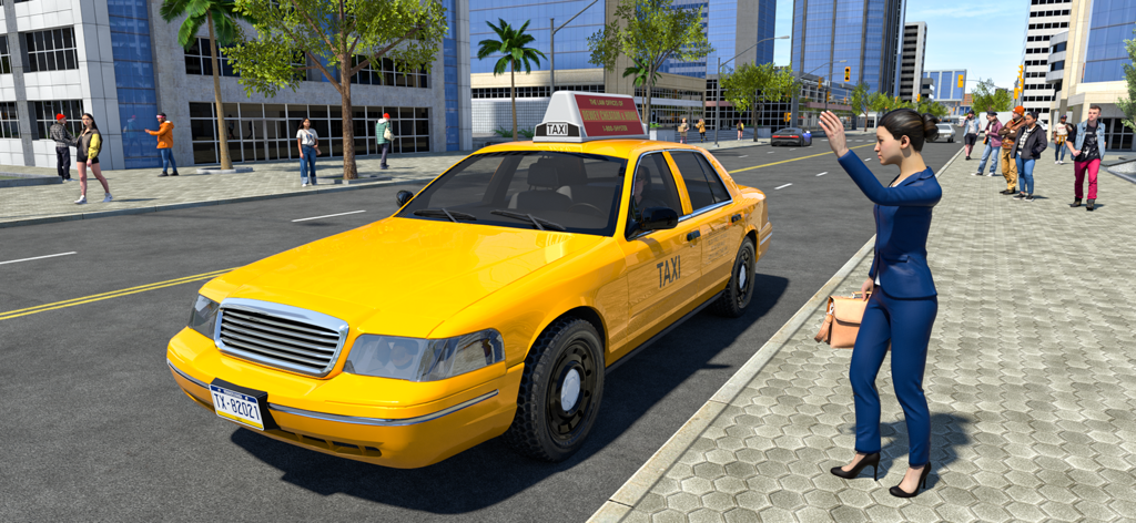 Airplane Pilot Airport Tycoon - Un taxi amarillo en una calle de la ciudad con un pasajero haciéndole señas.
