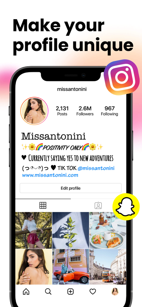 Tela de smartphone mostrando um bio de perfil do Instagram com fontes e símbolos estilizados únicos