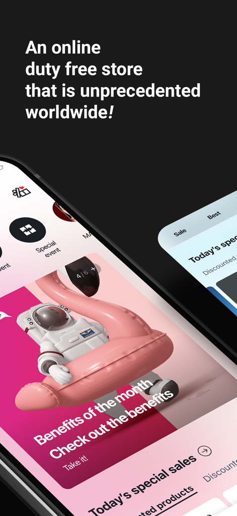 Hyundai Duty Free - Hyundai Duty Free app interface showing monthly benefits and special sales