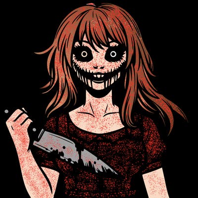 realistic horror girl with blood knife scary smile