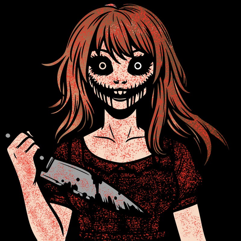 realistic horror girl with blood knife scary smile