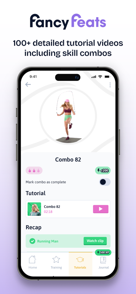 Fancy Feats -The Jump Rope App - Captura de tela do aplicativo móvel Fancy Feats mostrando um tutorial de combo de corda de pular com vídeo e progressão de habilidades