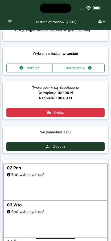 Dashboard der iKuchnia-App mit einem unbezahlten Essensguthaben und einem wöchentlichen Schulessenplan.