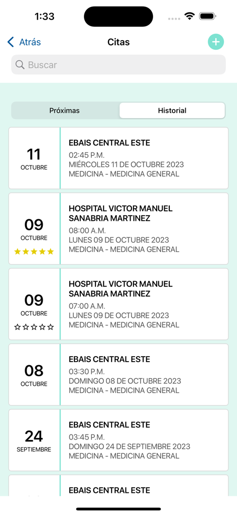 EDUS - Una lista de citas médicas pasadas mostradas en la pantalla de historial de la aplicación EDUS