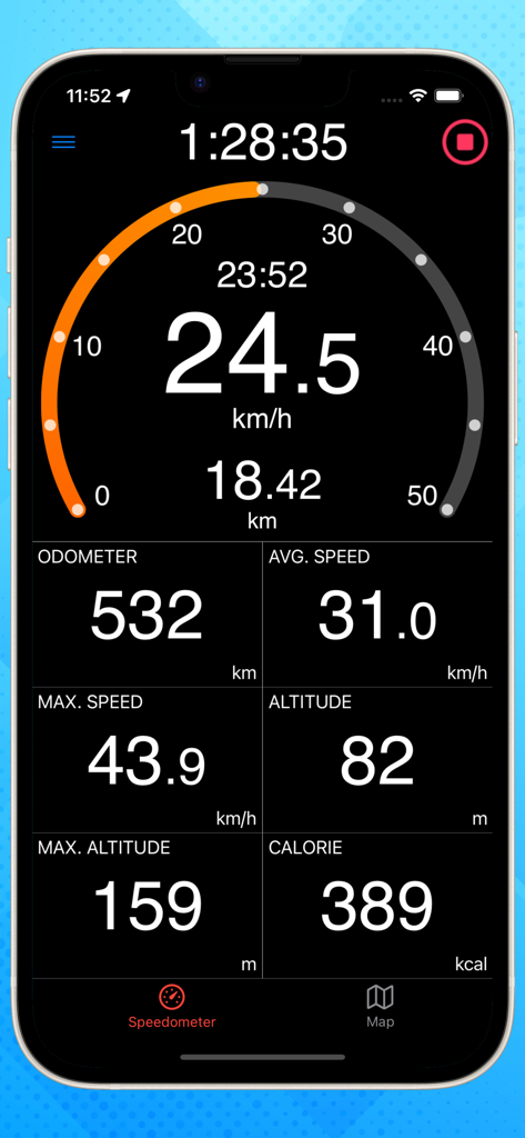Bike Computer - Cycling - Speedometer dashboard of the Bike Computer cycling app showing real-time ride statistics in dark mode.