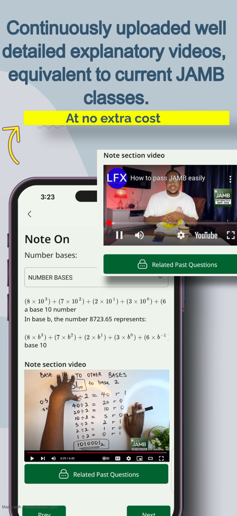 Mobile app interface showing explanatory video lessons and math notes for JAMB exam preparation