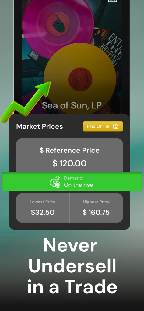 Interface of Vinyl Value app showing a record's reference market price and rising demand statistics.