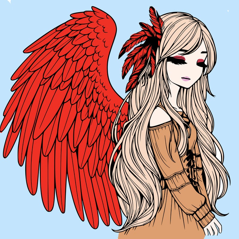 realistic girl with bird wings and some feathers in her hair