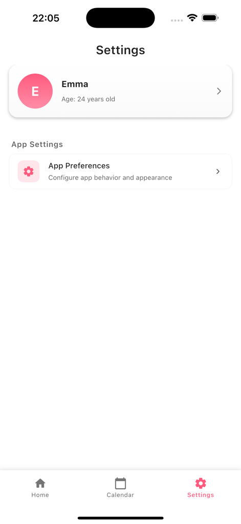 Luna Flow - Period Calendar - Pantalla de configuración de la aplicación rastreador de períodos Luna Flow que muestra el perfil del usuario y el menú de preferencias de la aplicación