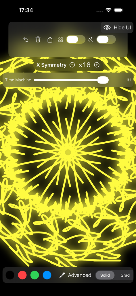 Mirror Drawing Studio - A complex yellow neon mandala created with 16-way symmetry in the Mirror Drawing Studio mobile app interface.