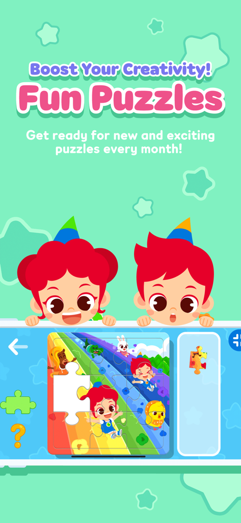 JunyTony - Learning & Games! - Personajes de Juny y Tony mirando un colorido rompecabezas digital en una pantalla.