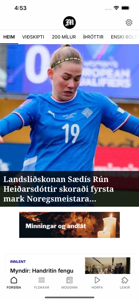 Mogginn mobile news app interface displaying sports headlines and navigation options
