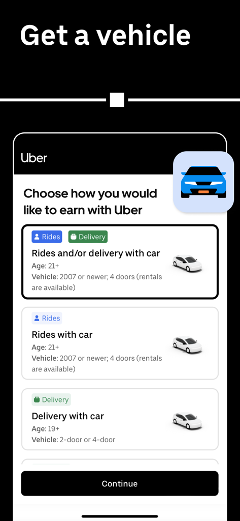 Uber Driver app screen showing options to choose between rides, delivery, or both with vehicle and age requirements listed.