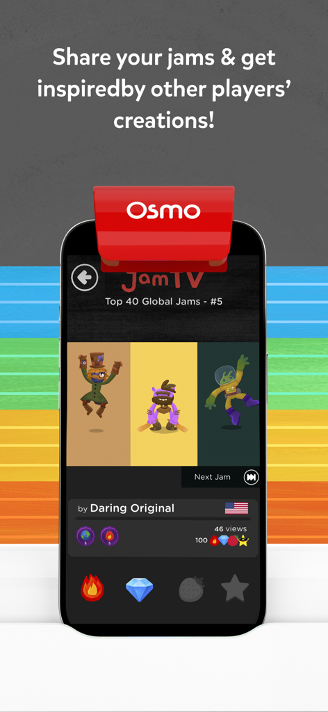Osmo Coding Jam app screen showing the JamTV feature where kids can share music creations and see top global jams