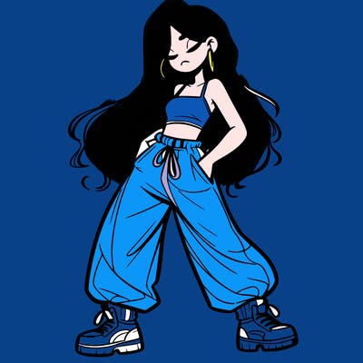 girl in baggy pants crop top and long hair