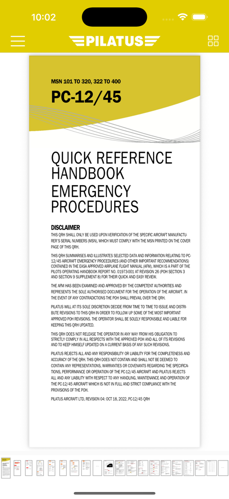 Pilatus PC-12 eQRH - Pilatus PC-12 45 Quick Reference Handbook emergency procedures screen with disclaimer
